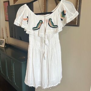 White Off-Shoulder Dress with Bird Embroidery